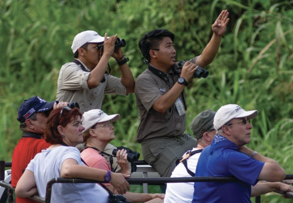 tour guide leading group on safari
